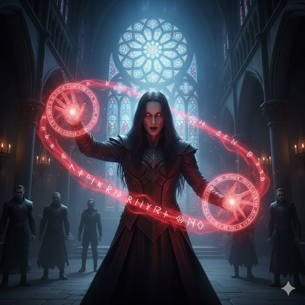 Vampire elder channeling blood magic, crimson energy swirling, ancient runes glowing, gothic cathedral interior